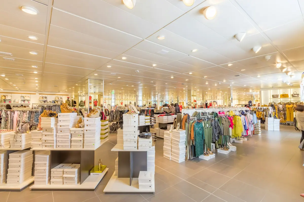 A store floor, stocked and open