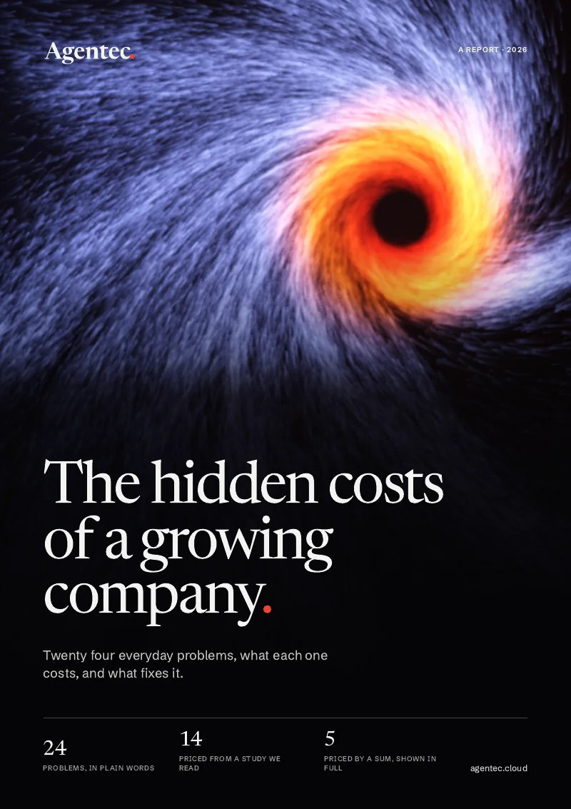The cover of the report: The hidden costs of a growing company, on the field of light.